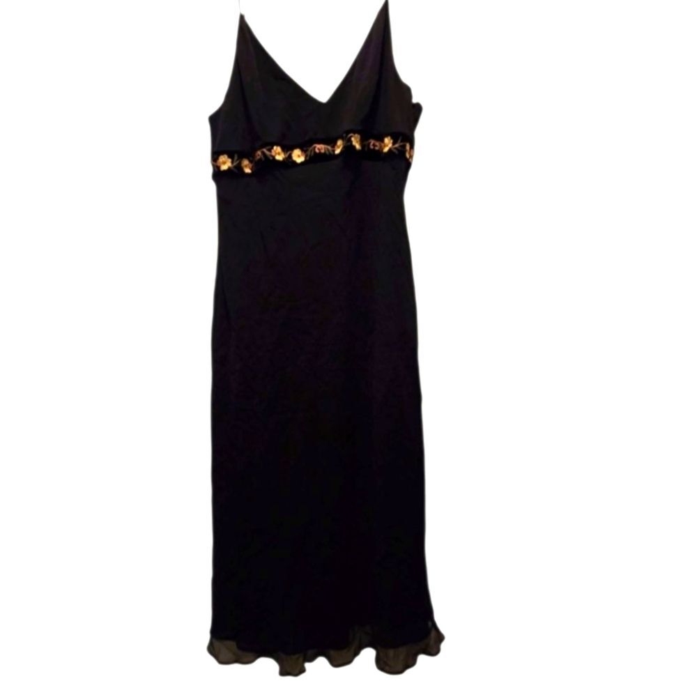 Vintage Y2K 100% Silk Midi Dress 10 Whimsigoth Embroidered Velvet Black Floral